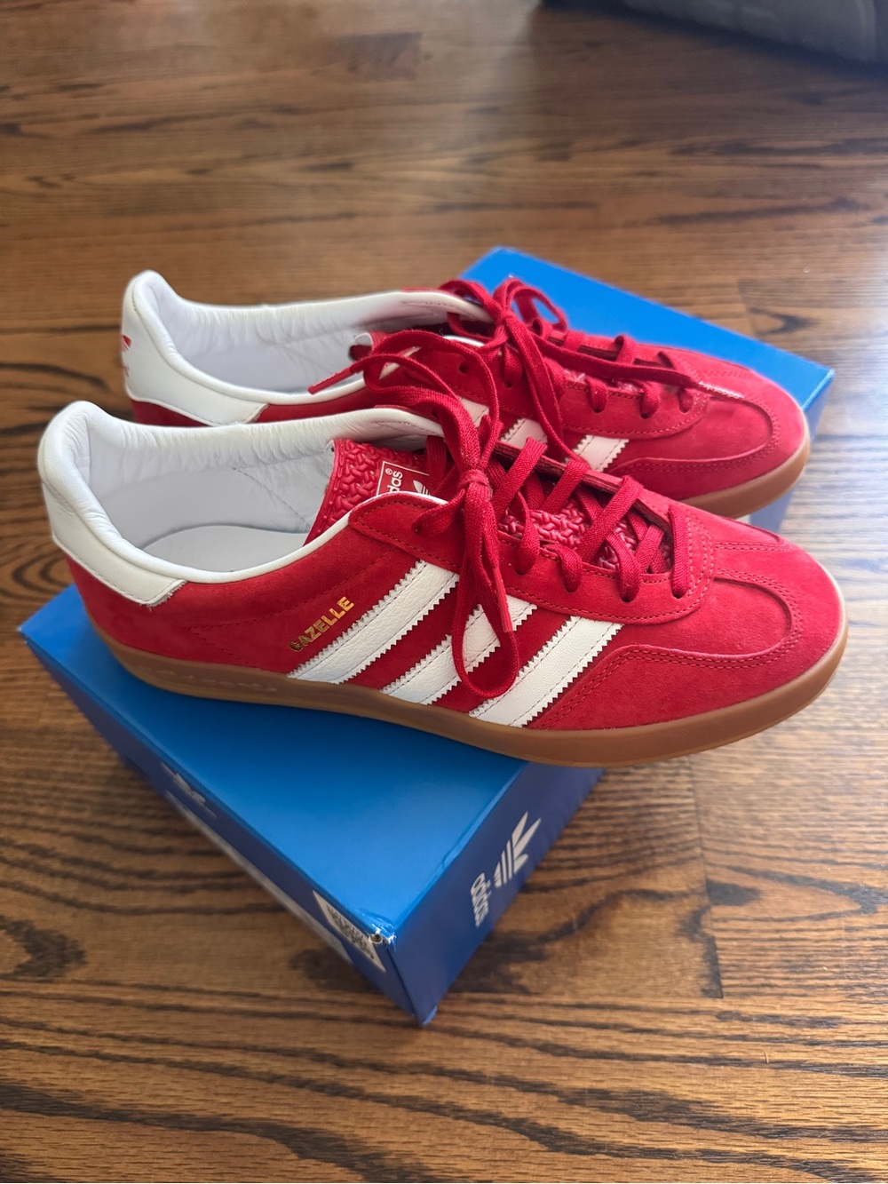 Mens Adidas Red Gazelle Suede Sneakers with White Stripes